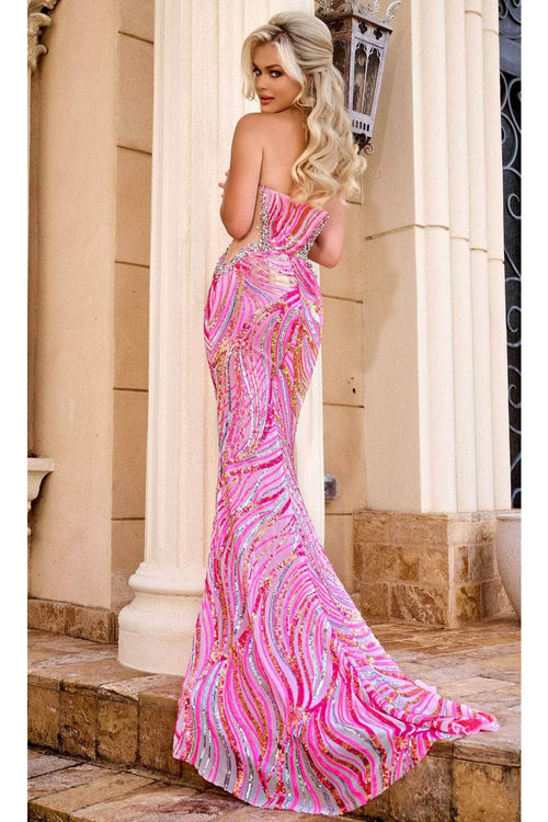 Portia and Scarlett PS24344 -long-Illusion Side V-Neck Prom Gown - Blue-Multi / 24 - Dress
