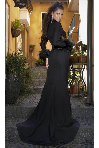 Portia and Scarlett PS24416 -long- Prom Dress with High Neck and Feathered Cuffs - Black / 2 - Dress