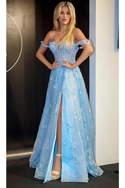 Portia and Scarlett PS24513X -long- Prom Dress with Butterfly Motif - Light-Blue / 00 - Dress