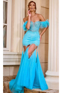 Portia and Scarlett PS24519 -long- Off Shoulder Prom Dress Adorned with Beaded Details - Blue / 00 - Dress