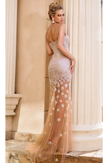 Portia and Scarlett PS24522 -long- Sheath Prom Dress with Illusion Features - Champagne / 18 - Dress