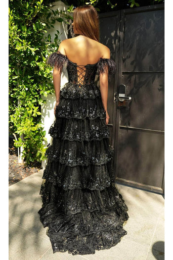 Portia and Scarlett PS24525 -long- Off-Shoulder Prom Dress with Feather Details - Black / 2 - Dress