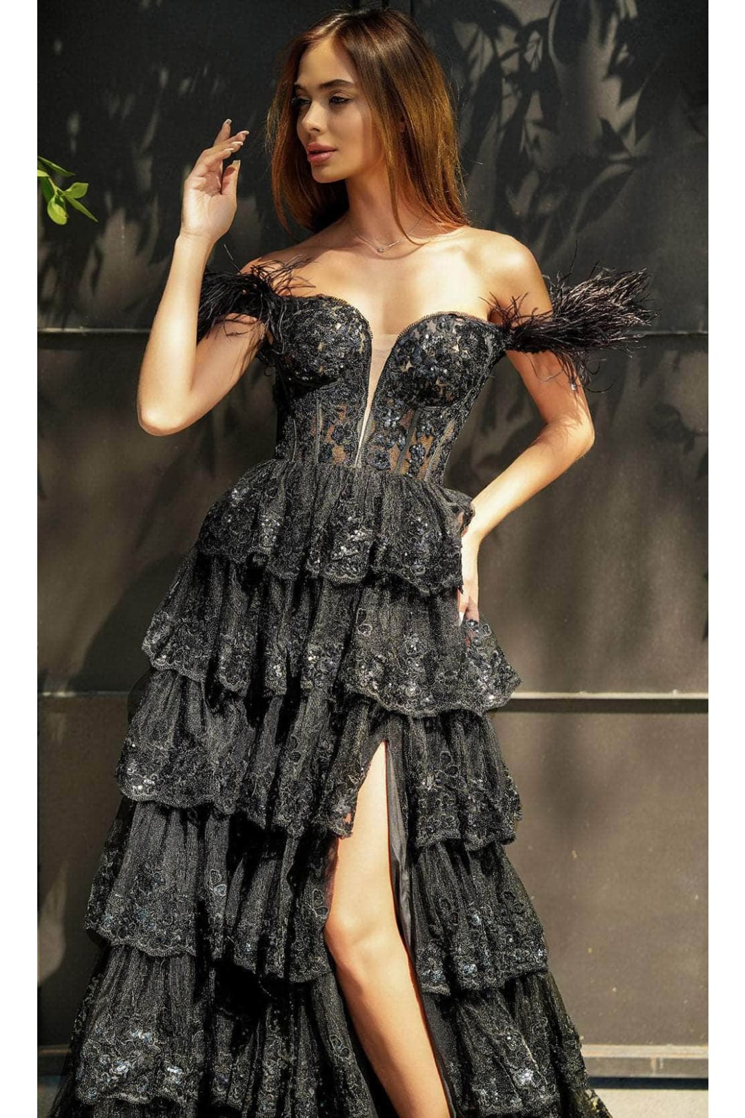 Portia and Scarlett PS24525 -long- Off-Shoulder Prom Dress with Feather Details - Black / 4 - Dress