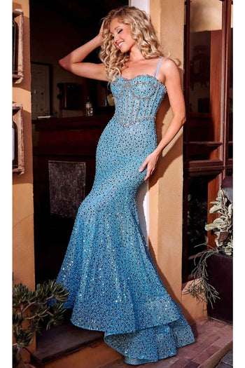 Portia and Scarlett PS24616 -long- Shiny Sequined Sweetheart Corset Gown - Blue / 00 - Dress