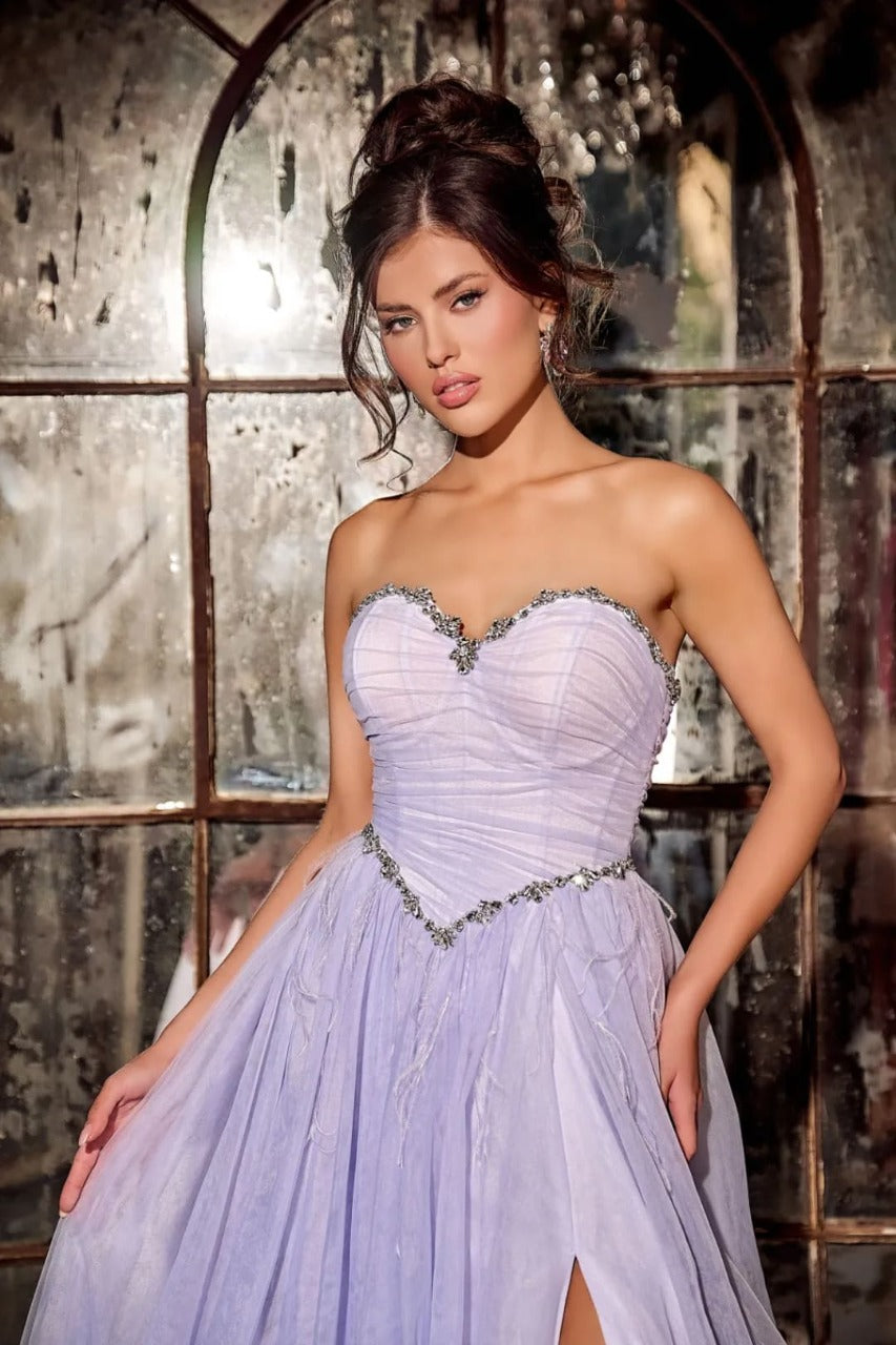 Portia And Scarlett PS24632 Ruched Corset Sweetheart High Slit Gown - Dress