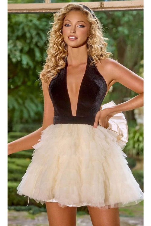 Portia and Scarlett PS24669 -short- Cocktail Dress with Bow Back - Black/Blue / 4 - Dress