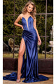 Portia and Scarlett PS24682 - long- Satin Prom Dress with High Slit - Blue / 2 - Dress