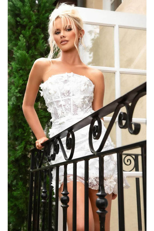 Portia and Scarlett PS24779 - short-Cocktail Dress with 3D Floral Appliqués - White / 4 - Dress