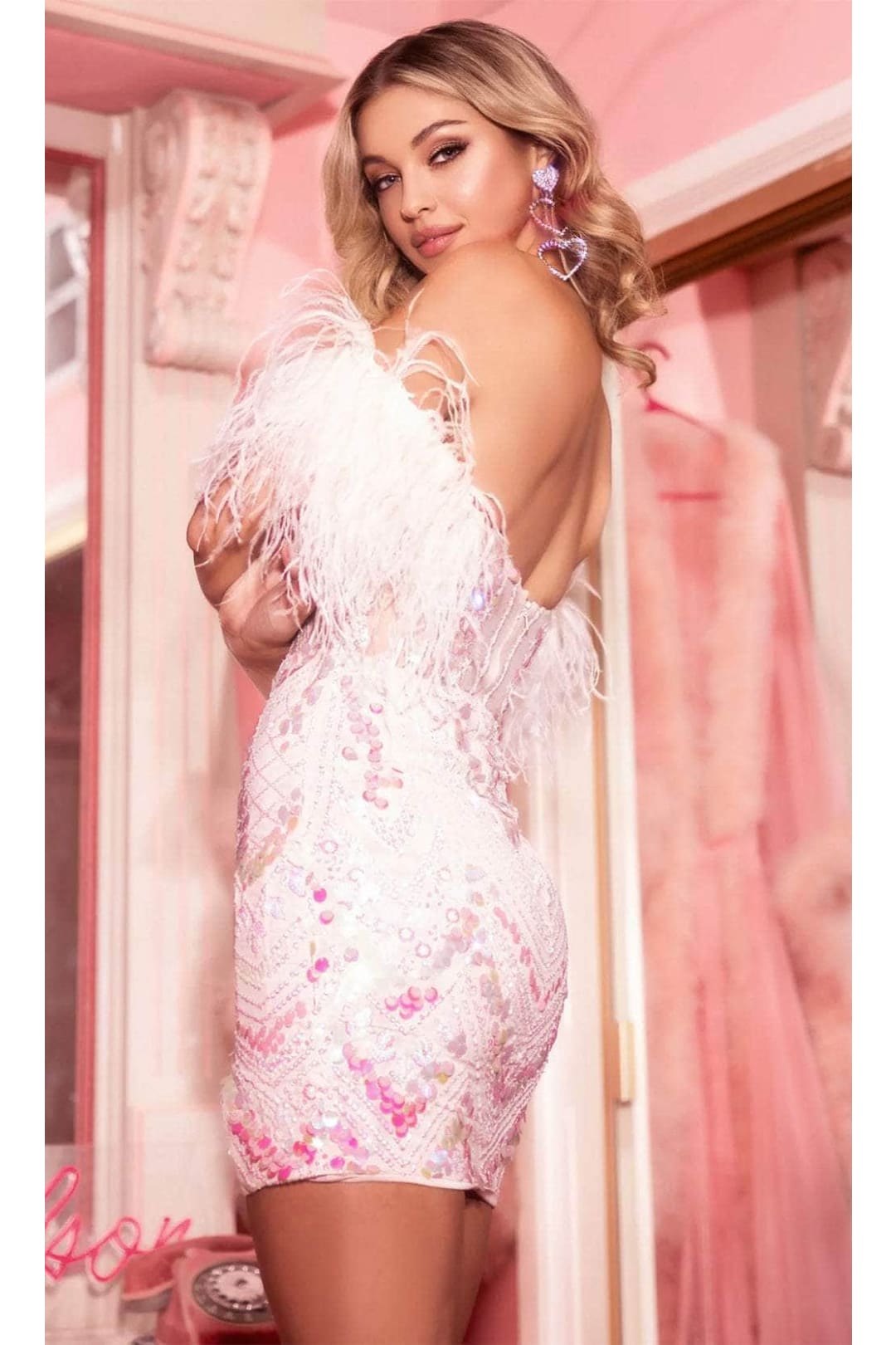 Portia and Scarlett PS24786 -short- Sequin Cocktail Dress with Feather Accents - Blue / 4 - Dress