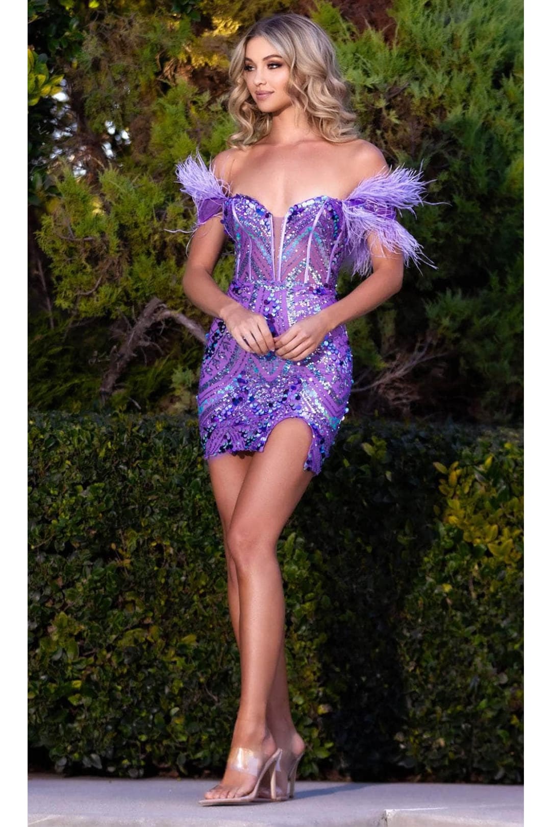 Portia and Scarlett PS24786 -short- Sequin Cocktail Dress with Feather Accents - Blue / 8 - Dress
