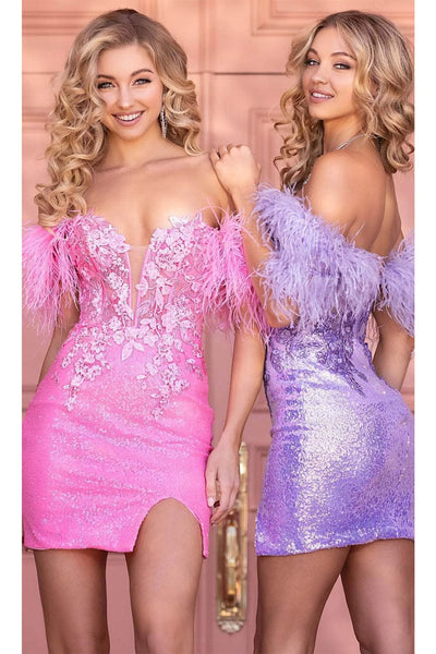 Portia and Scarlett PS24787 -short- Feathered Detail Off-Shoulder Cocktail Dress for a Unique Twist - Pink / 12 - Dress