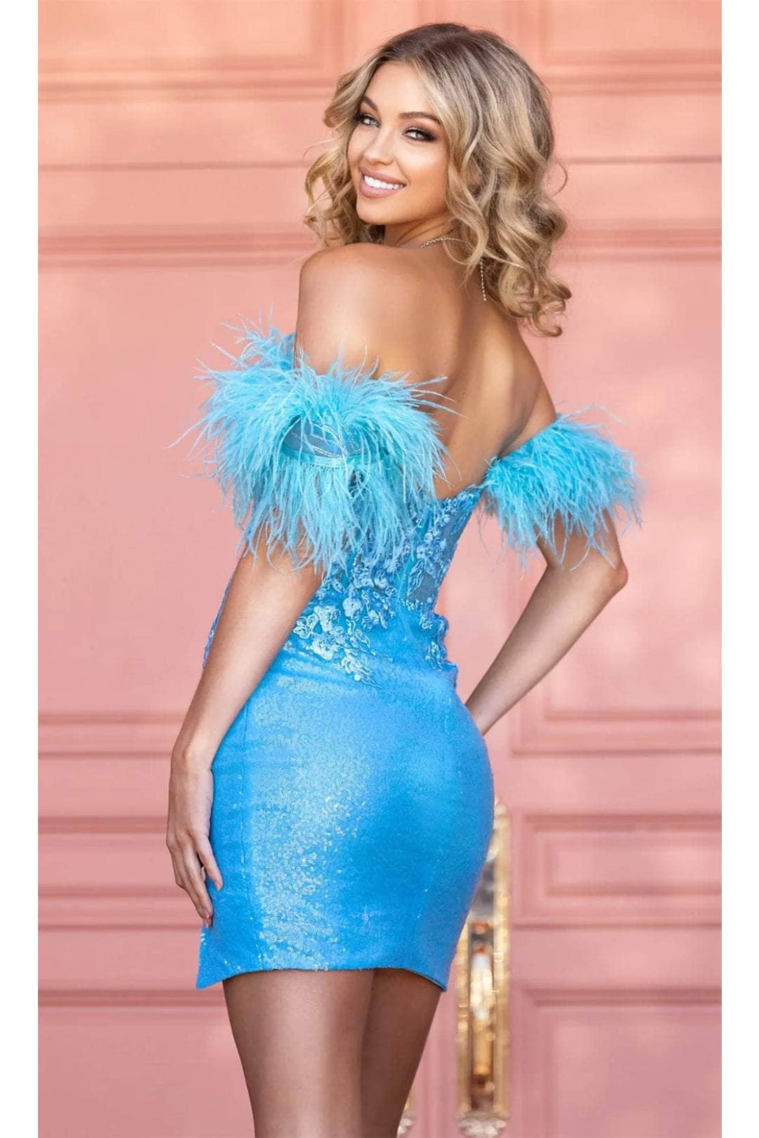 Portia and Scarlett PS24787 -short- Feathered Detail Off-Shoulder Cocktail Dress for a Unique Twist - Pink / 4 - Dress