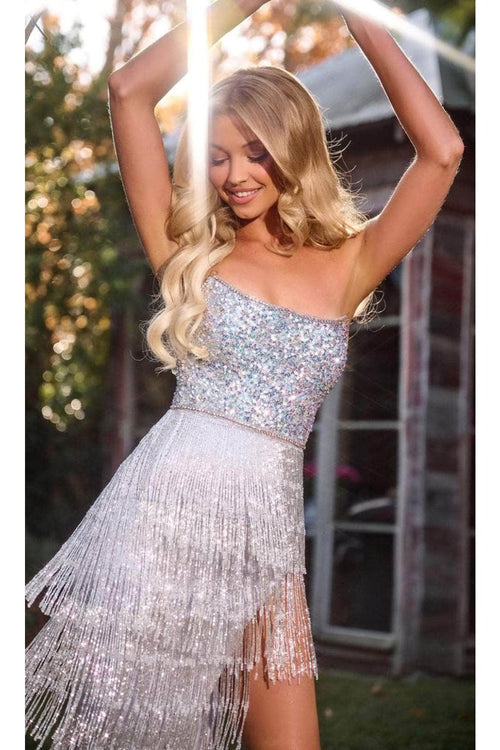 Portia and Scarlett PS24813 -long- Strapless Beaded Fringes Prom Gown - Pink / 10 - Dress