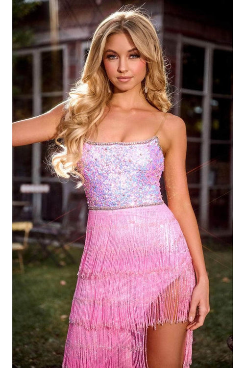 Portia and Scarlett PS24813 -long- Strapless Beaded Fringes Prom Gown - Pink / 4 - Dress