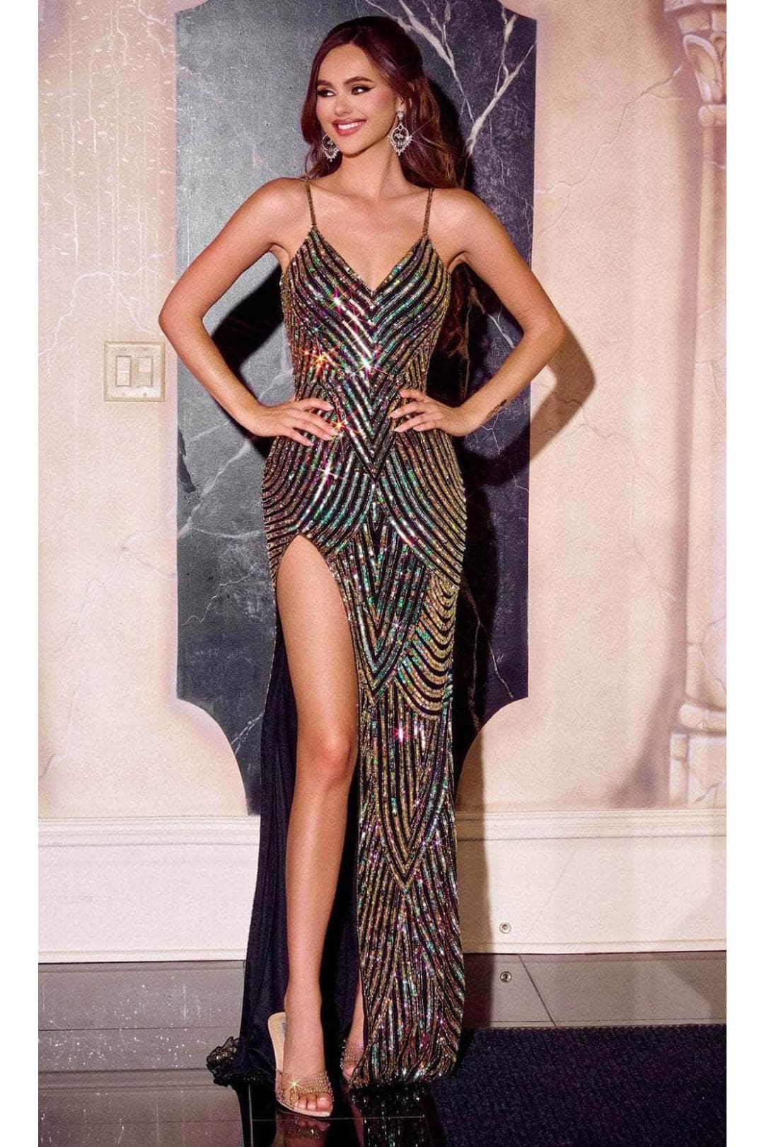 Portia and Scarlett PS24816X -long- Prom Dress with Geometric Sequin Pattern - Ivory-Gold / 16 - Dress
