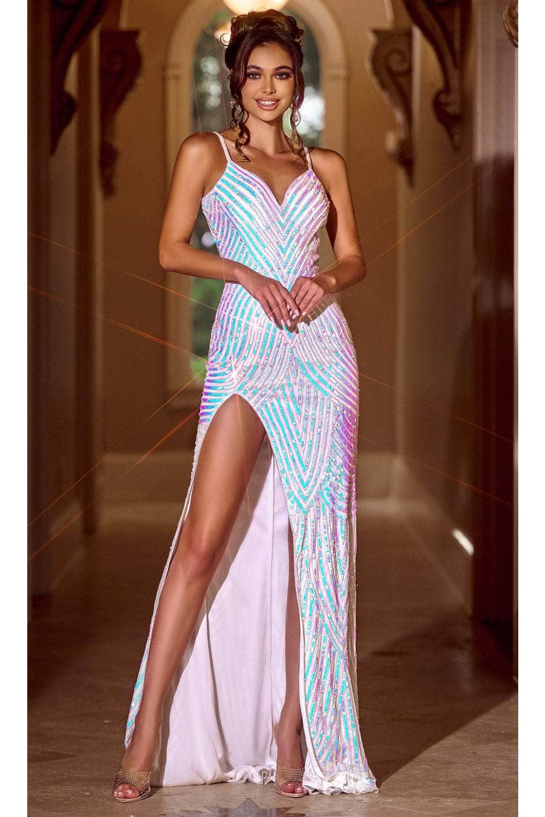 Portia and Scarlett PS24816X -long- Prom Dress with Geometric Sequin Pattern - Ivory-Gold / 8 - Dress