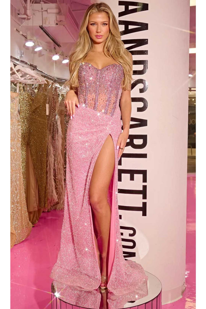 Portia and Scarlett PS24850C -long- Jeweled Evening Gown with Illusion Design - Pink / 00 - Dress