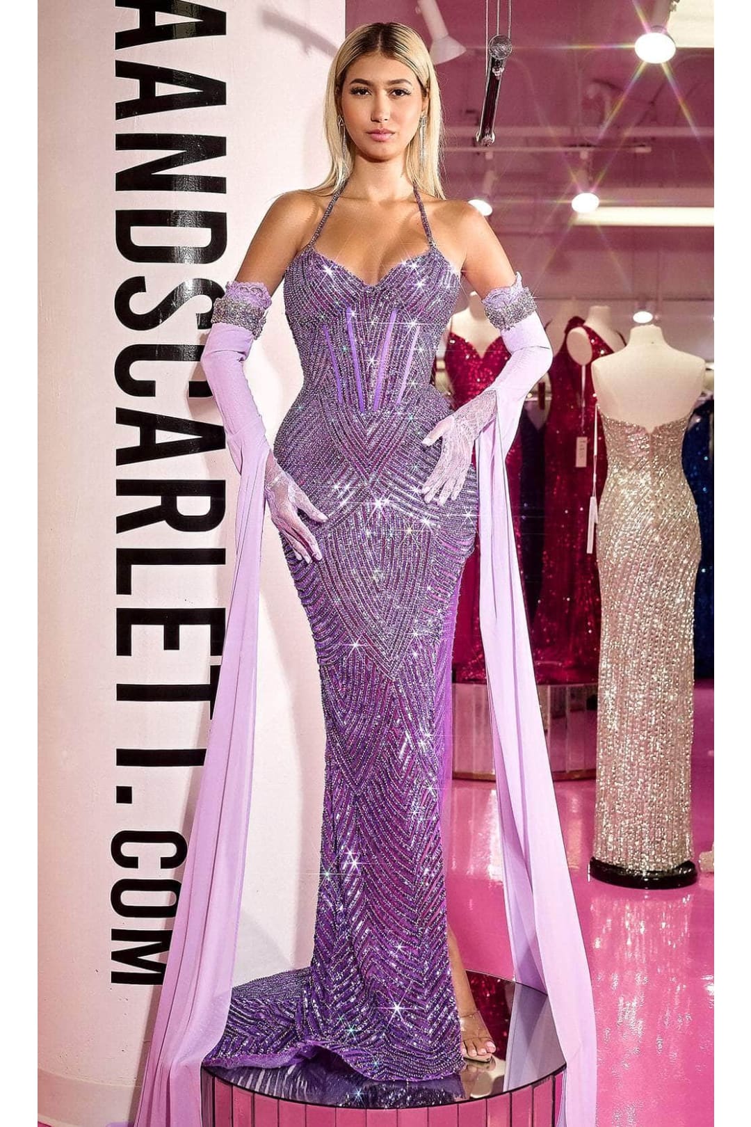 Portia and Scarlett PS24851C -long- Rhinestone Beaded Prom Gown with Sweetheart Neckline - Pink / 4 - Dress