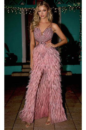 Portia and Scarlett PS24856C -long- Sleeveless Prom Dress with Feathers
