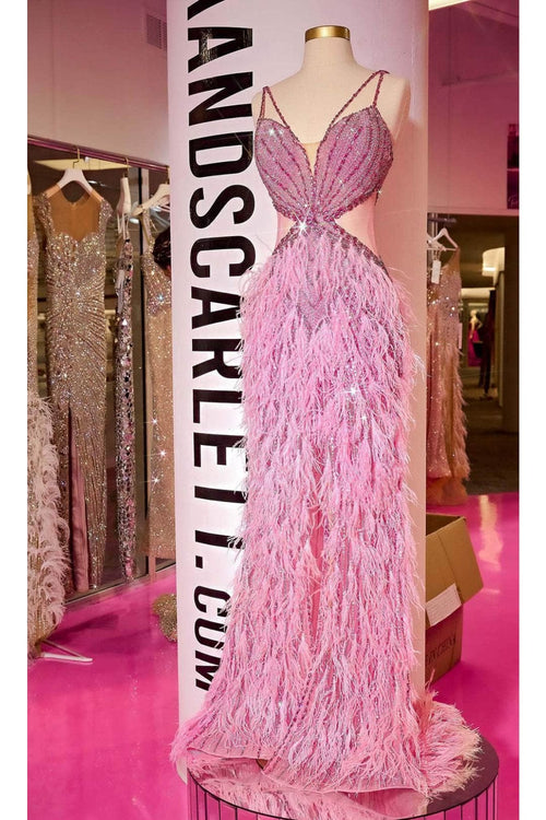 Portia and Scarlett PS24856C -long- Sleeveless Prom Dress with Feathers - Pink / 20 - Dress