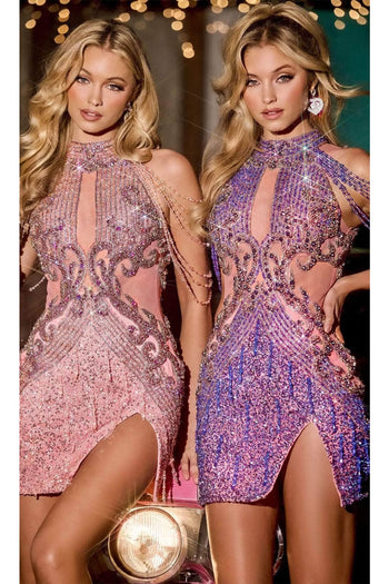 Portia and Scarlett PS24857C -short- Halter Cocktail Dress with Embellishments - Pink / 00 - Dress