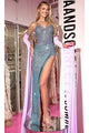 Portia and Scarlett PS24858C -long-Deep V-Neck Prom Gown with Jewels - Blue / 2 - Dress