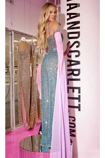 Portia and Scarlett PS24858C -long- V-Neck Prom Dress with Asymmetric Waist - Blue / 2 - Dress