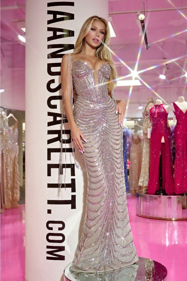 Portia and Scarlett PS24862C Corset Bodice Fringe Sequined Prom Dress - SILVER / Dress