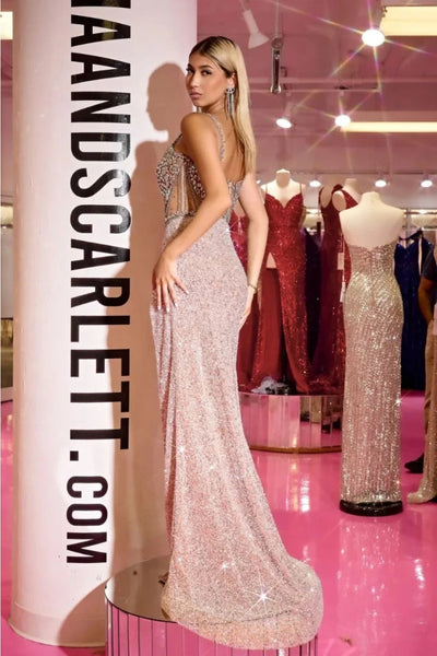 Portia and Scarlett PS24872C Beaded Sequin High Slit Long Evening Gown - Dress
