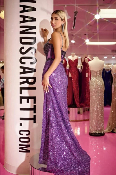 Portia and Scarlett PS24872C Beaded Sequin High Slit Long Evening Gown - Dress