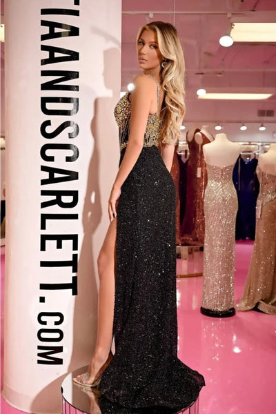 Portia and Scarlett PS24872C Beaded Sequin High Slit Long Evening Gown - Dress