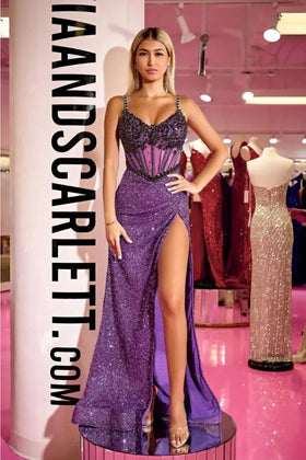 Portia and Scarlett PS24872C Beaded Sequin High Slit Long Evening Gown