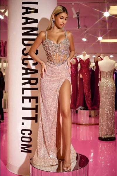 Portia and Scarlett PS24872C Beaded Sequin High Slit Long Evening Gown - SILVER/NUDE / 00 - Dress
