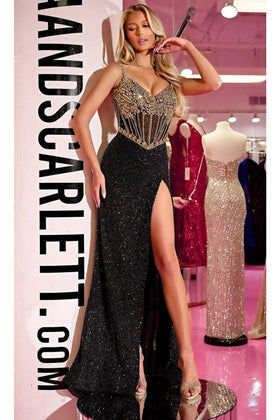 Portia and Scarlett PS24872C -long- Beaded Corset Prom Gown with Illusion Details
