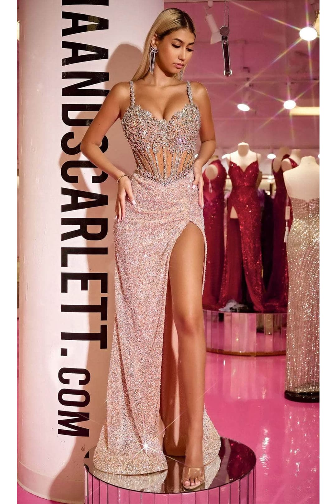 Portia and Scarlett PS24872C -long- Beaded Corset Prom Gown with Illusion Details - Black-Gold / 10 - Dress