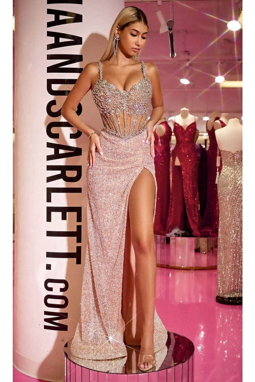 Portia and Scarlett PS24872C -long- Beaded Corset Prom Gown with Illusion Details - Black-Gold / 10 - Dress