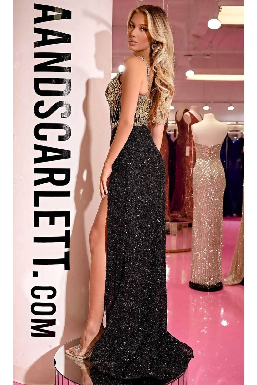 Portia and Scarlett PS24872C -long- Beaded Corset Prom Gown with Illusion Details - Black-Gold / 2 - Dress