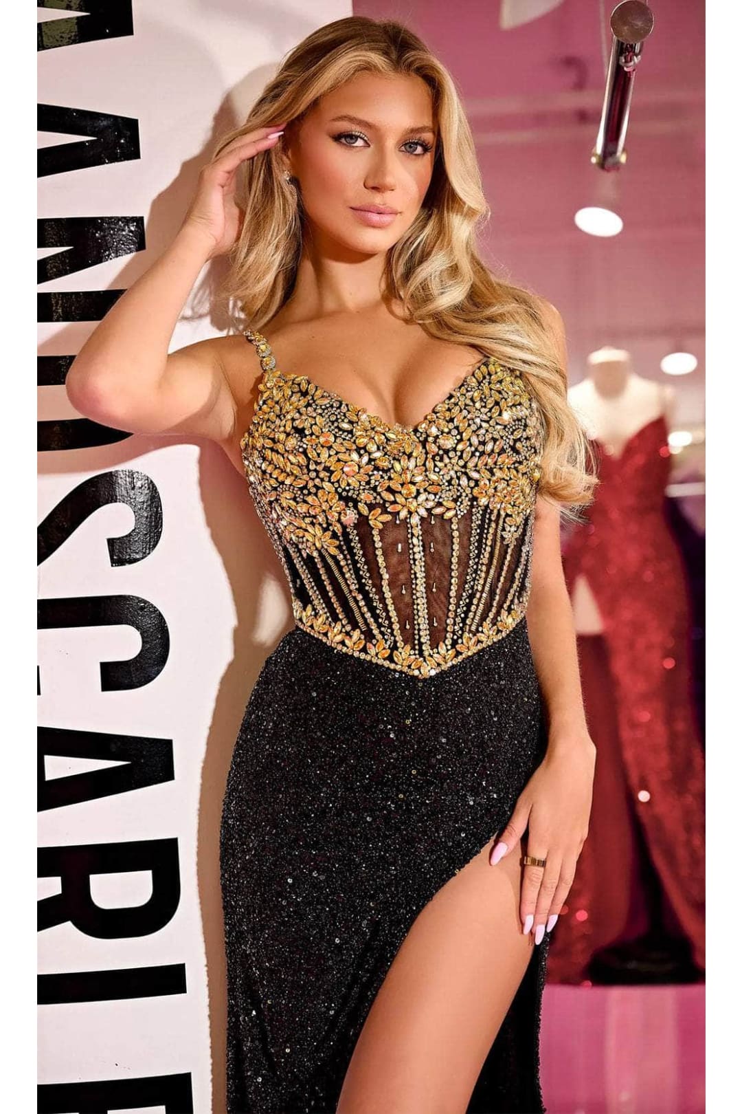 Portia and Scarlett PS24872C -long- Beaded Corset Prom Gown with Illusion Details - Black-Gold / 6 - Dress
