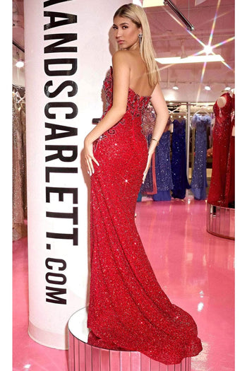 Portia and Scarlett PS24878C -long- Fitted Prom Dress with Sequined Sweetheart Neckline - Red / 18 - Dress