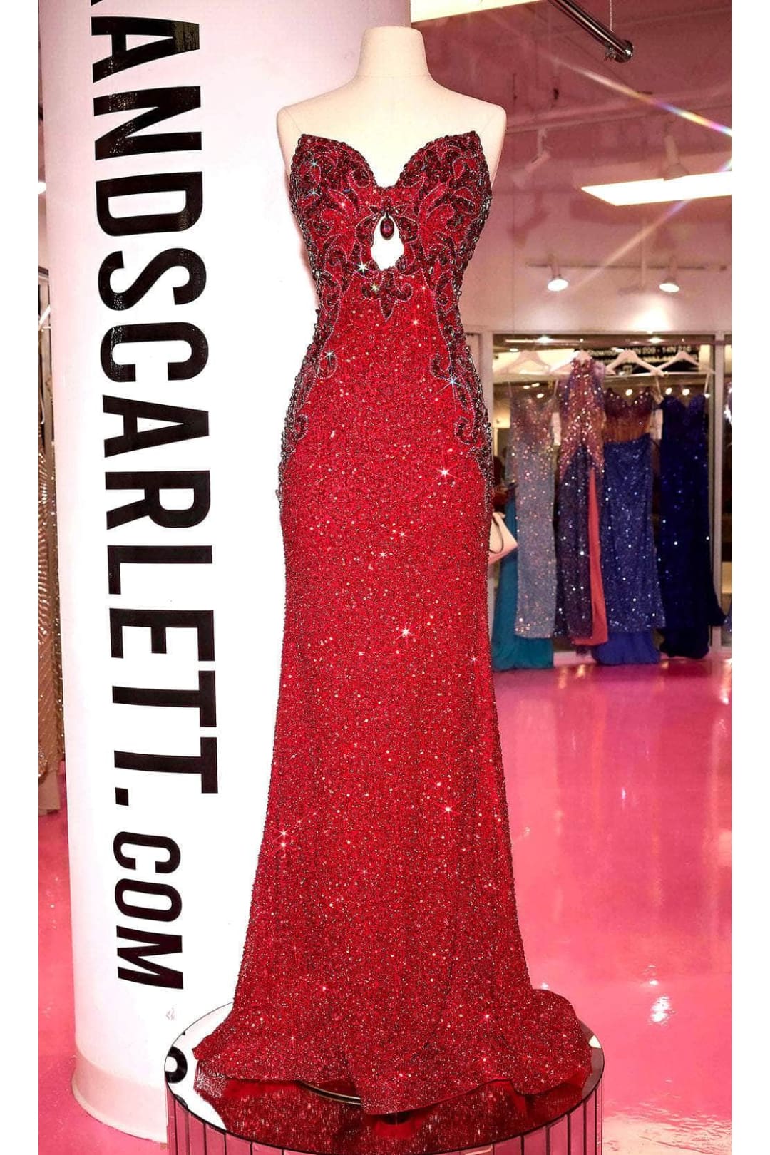 Portia and Scarlett PS24878C -long- Fitted Prom Dress with Sequined Sweetheart Neckline - Red / 20 - Dress