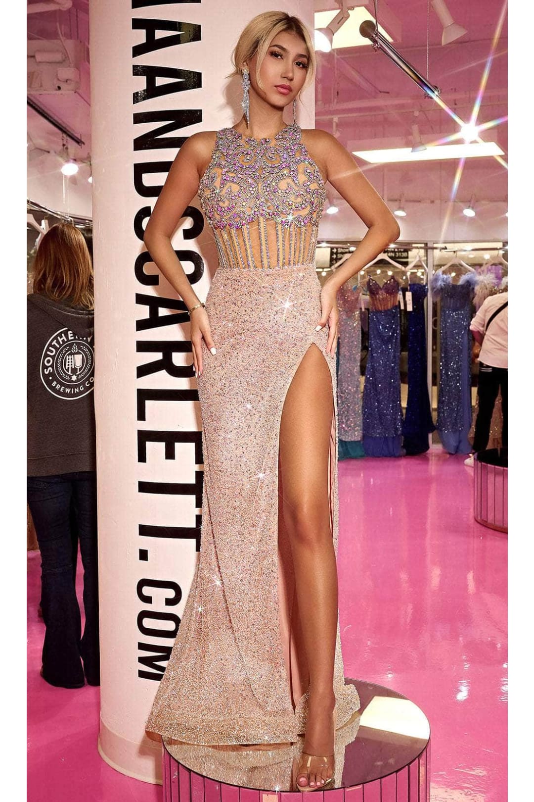Portia and Scarlett PS24879C -long- Embellished Evening Dress with Jewel Neckline - Silver-Nude / 00 - Dress