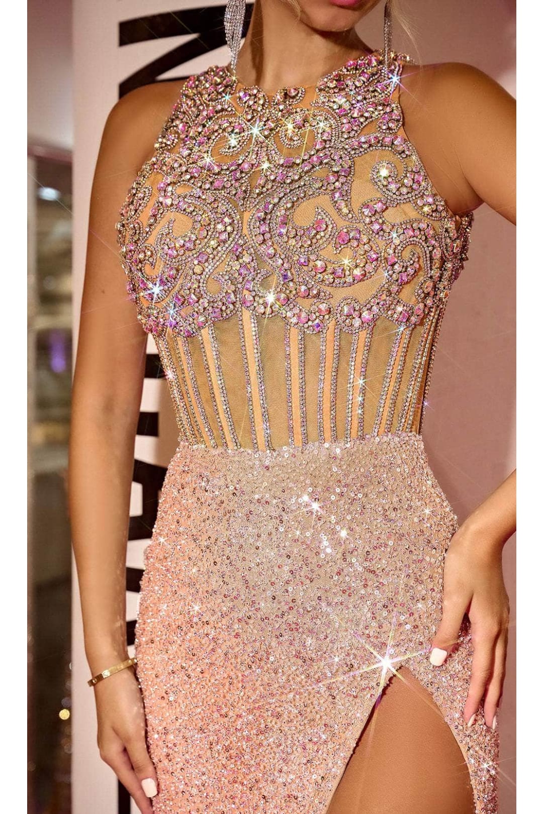 Portia and Scarlett PS24879C -long- Embellished Evening Dress with Jewel Neckline - Silver-Nude / 20 - Dress