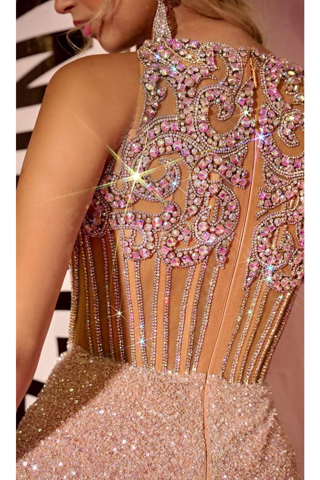 Portia and Scarlett PS24879C -long- Embellished Evening Dress with Jewel Neckline - Silver-Nude / 22 - Dress