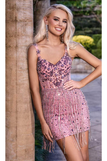Portia and Scarlett PS24893C - short-Fringe Embellished Cocktail Dress - Pink / 00 - Dress