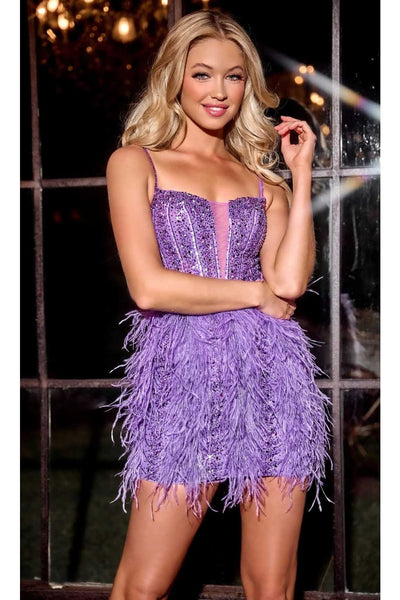 Portia and Scarlett PS24903 -short- Sheath Party Dress with Feather Accents for a Chic Look - Pink / 8 - Dress