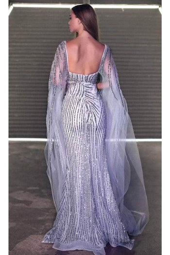 Portia and Scarlett PS24931E -long- Sequined Long Cape Evening Dress for Dramatic Flair - Silver / 18 - Dress