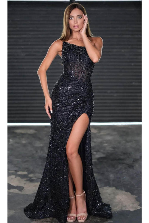Portia and Scarlett PS24942 - long - Asymmetrical Prom Dress with Embellishments - Black / 8 - Dress