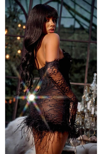 Portia and Scarlett PS25131 -short- Feathered Cocktail Dress with Slit - Black / 2 - Dress