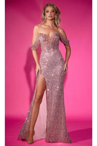 Portia and Scarlett PS25226 - Off-Shoulder Sparkling Sequin Prom Gown Prom Dresses 00 / Pink