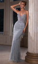 Beaded V-Neck Sheath Gown with Lace-Up Back – Portia and Scarlett PS25331